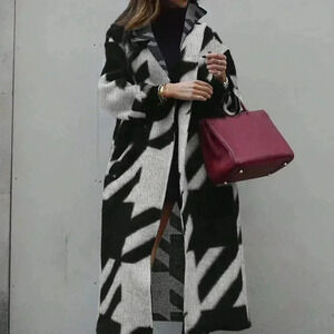 Black & White Casual Women's Contrast Color Long Sleeve Printed Knit Cardigan